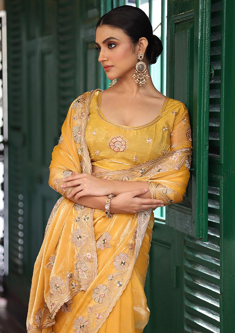 Yellow Embroidered Faux Tissue Saree Set - Indya