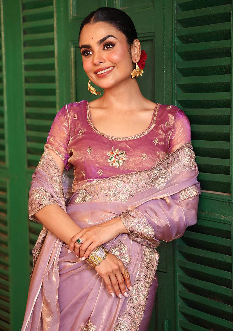 Purple Embroidered Faux Tissue Saree Set - Indya