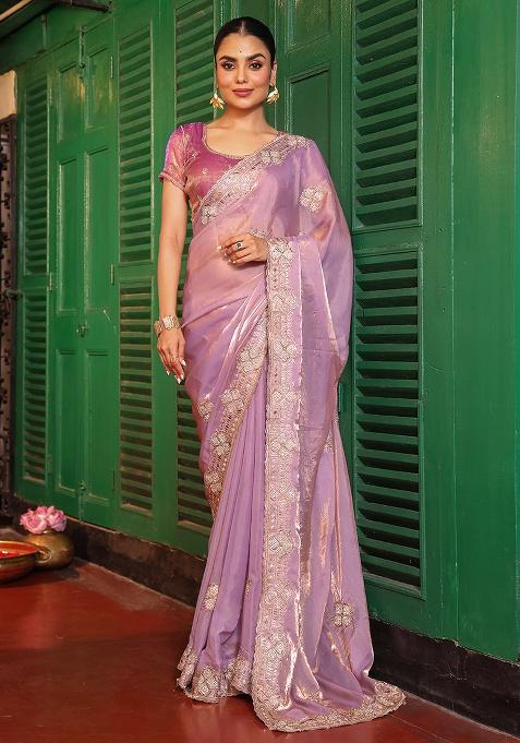 Purple Embroidered Faux Tissue Saree Set
