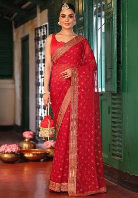 Maroon Embroidered Chiffon Saree Set