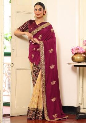 Wine Embroidered Viscose Saree Set