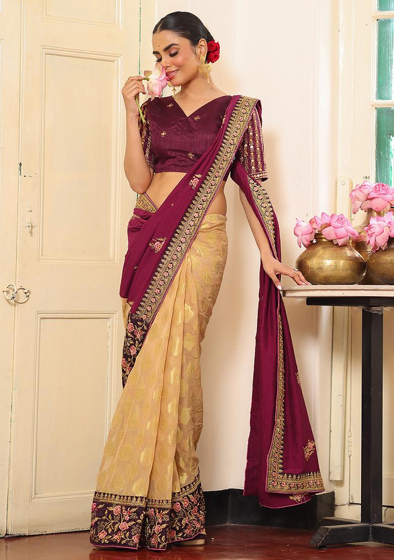Wine Embroidered Viscose Saree Set - Indya