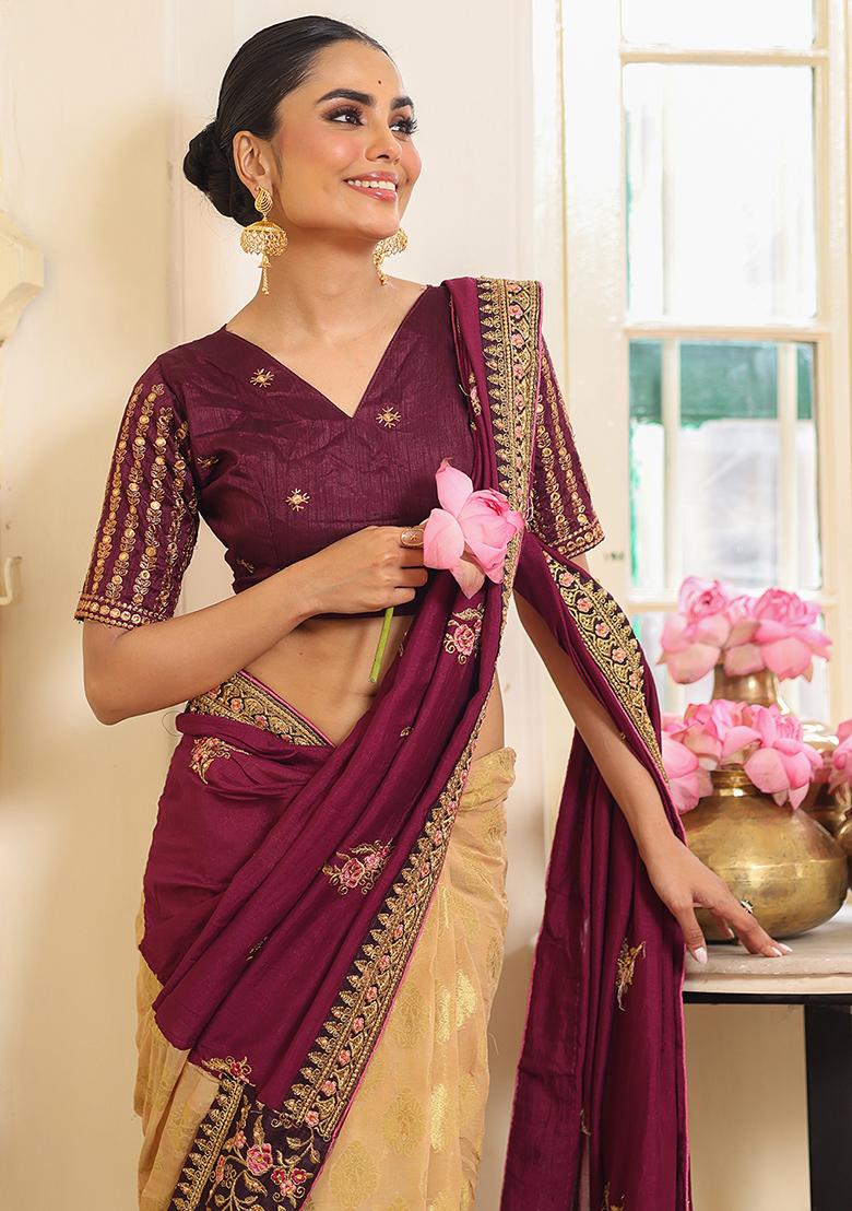 Wine Embroidered Viscose Saree Set - Indya