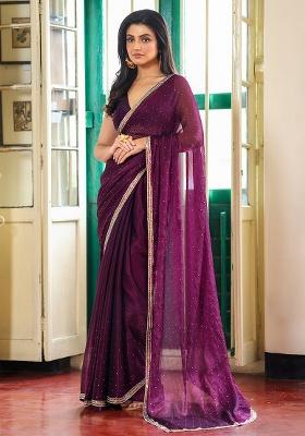 Wine Embroidered Organza Saree Set