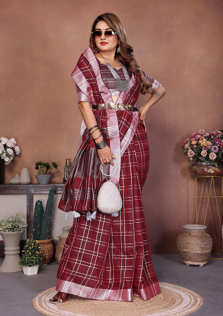 Wine Woven Blended Cotton Saree Set - Indya