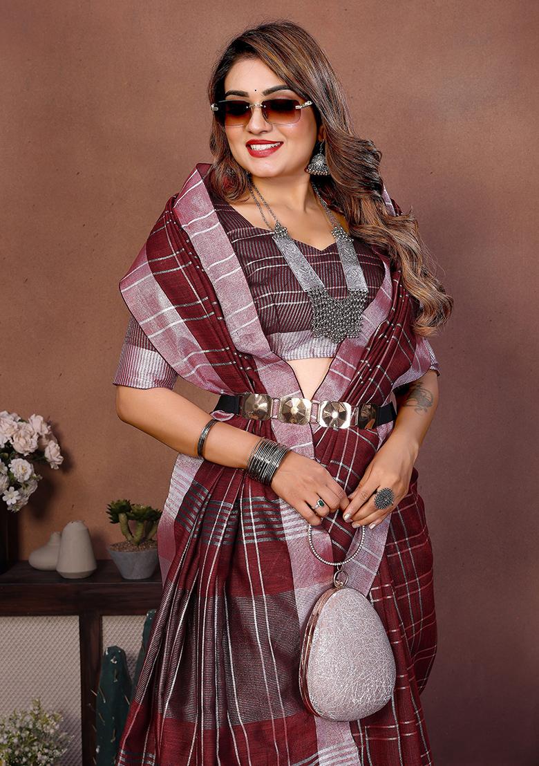 Wine Woven Blended Cotton Saree Set - Indya
