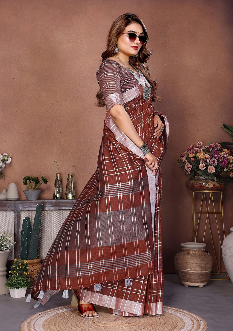 Coffee Woven Blended Cotton Saree Set - Indya