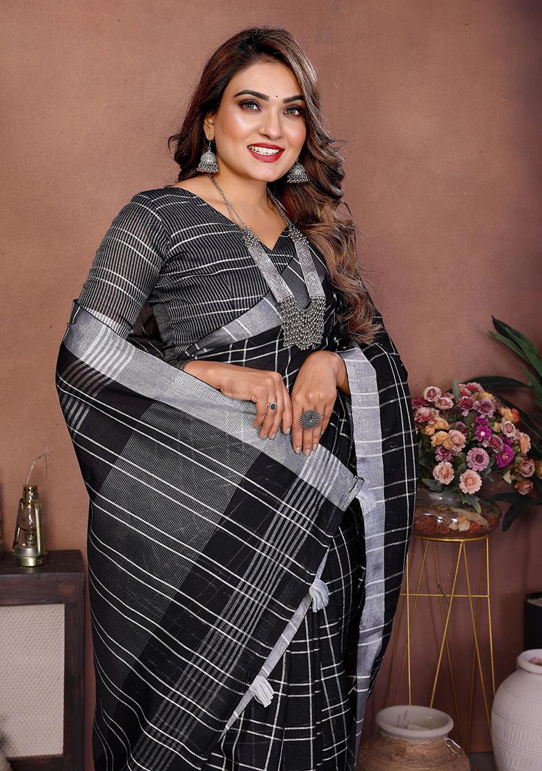 Black Woven Blended Cotton Saree Set - Indya
