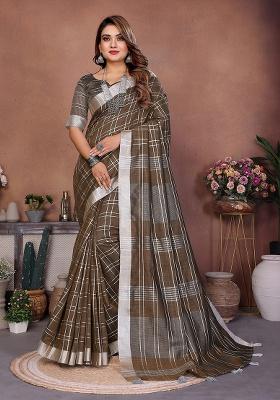 Brown Woven Blended Cotton Saree Set