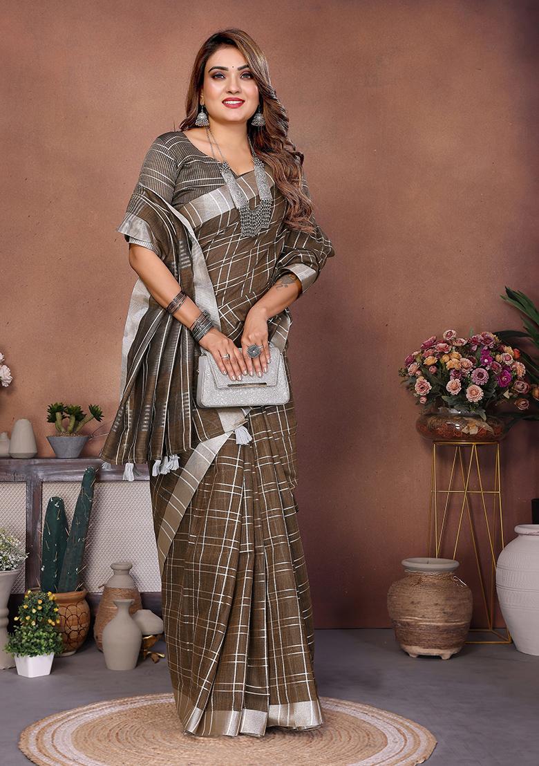 Brown Woven Blended Cotton Saree Set - Indya