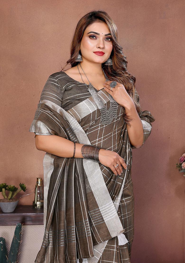 Brown Woven Blended Cotton Saree Set - Indya