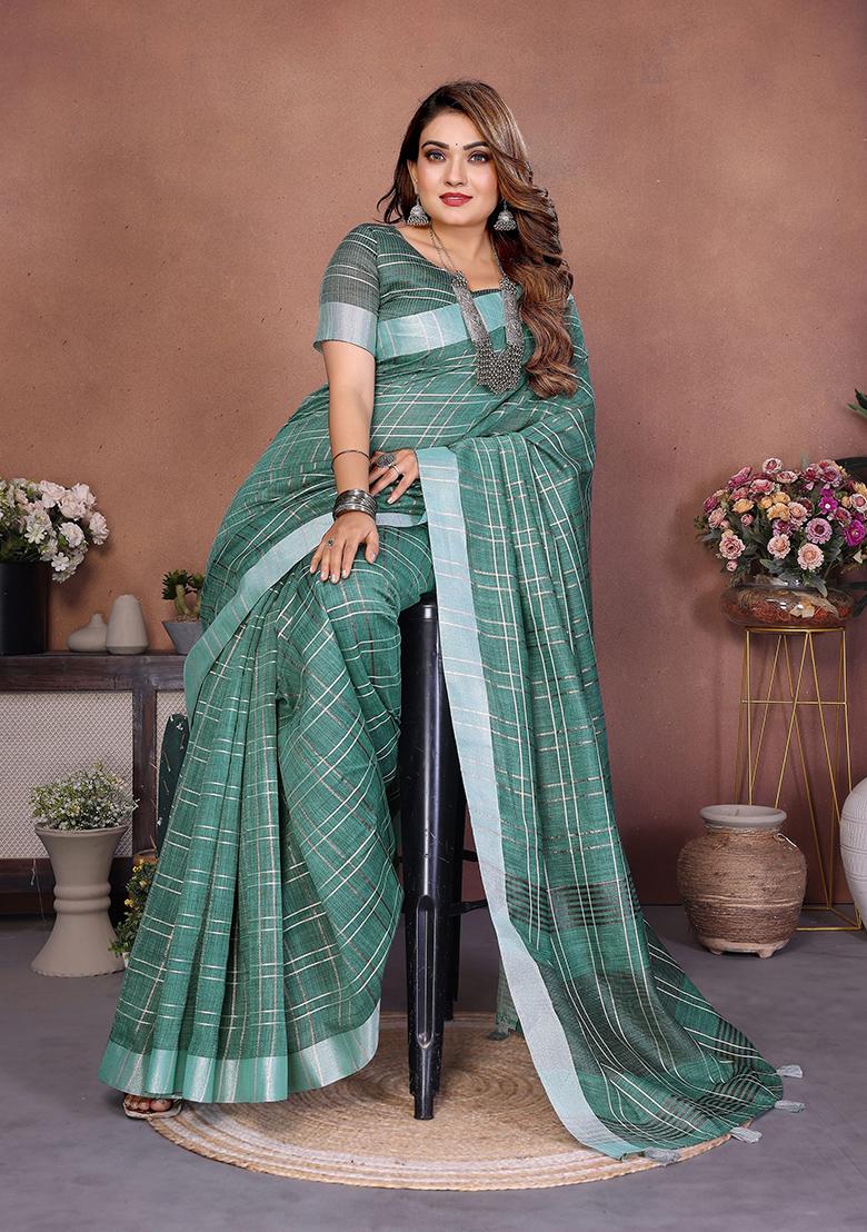 Green Woven Blended Cotton Saree Set - Indya