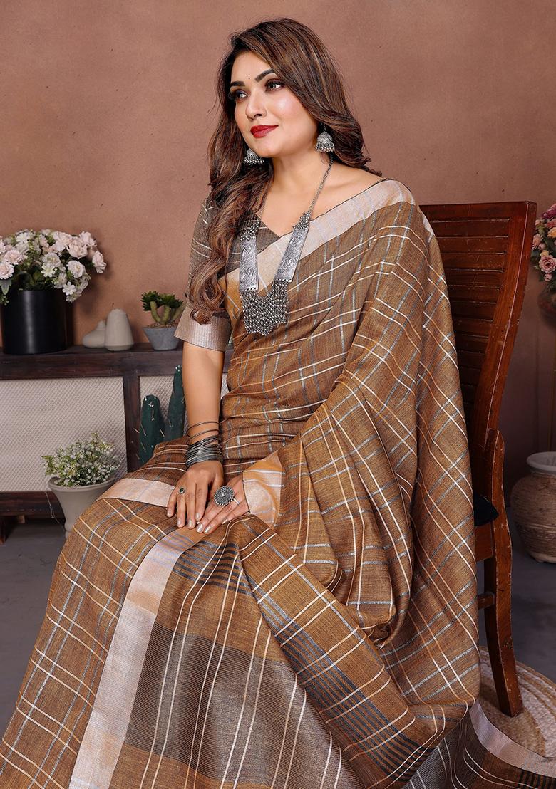 Mustard Woven Blended Cotton Saree Set - Indya