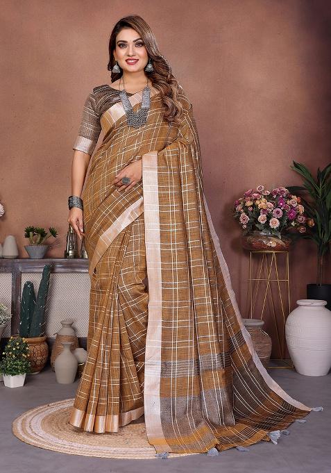 Mustard Woven Blended Cotton Saree Set
