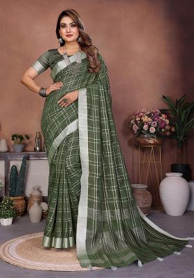 Green Woven Blended Cotton Saree Set