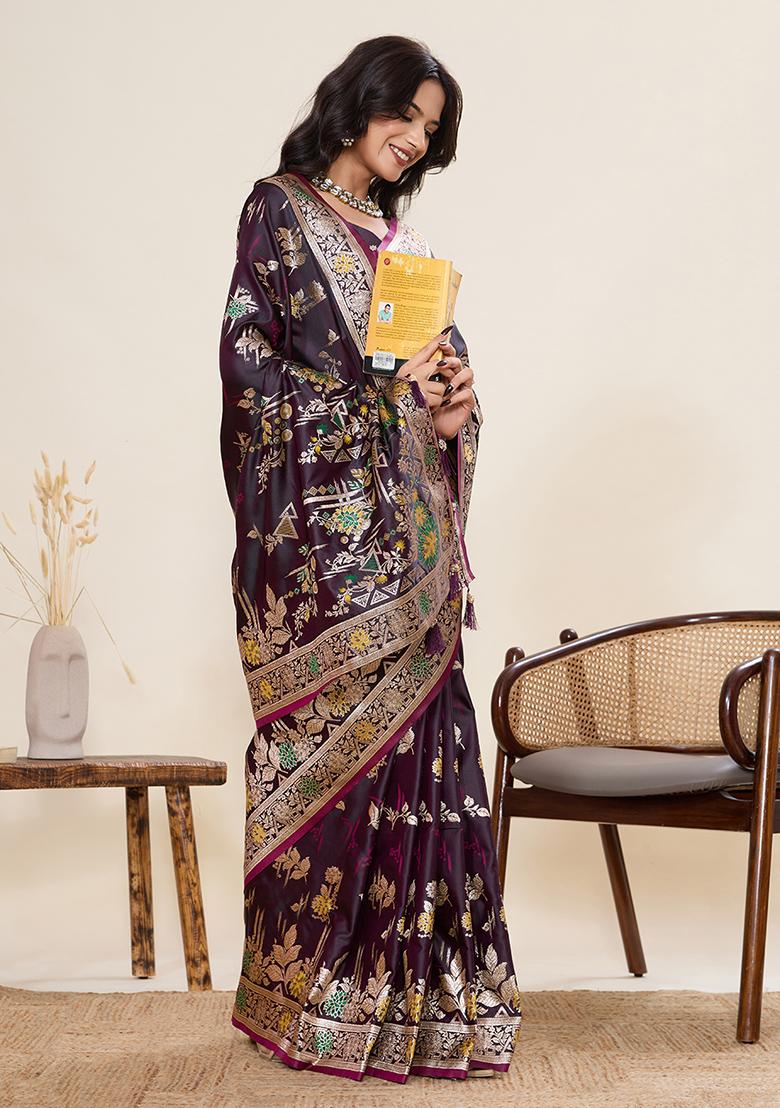 Purple Woven Art Silk Saree Set - Indya