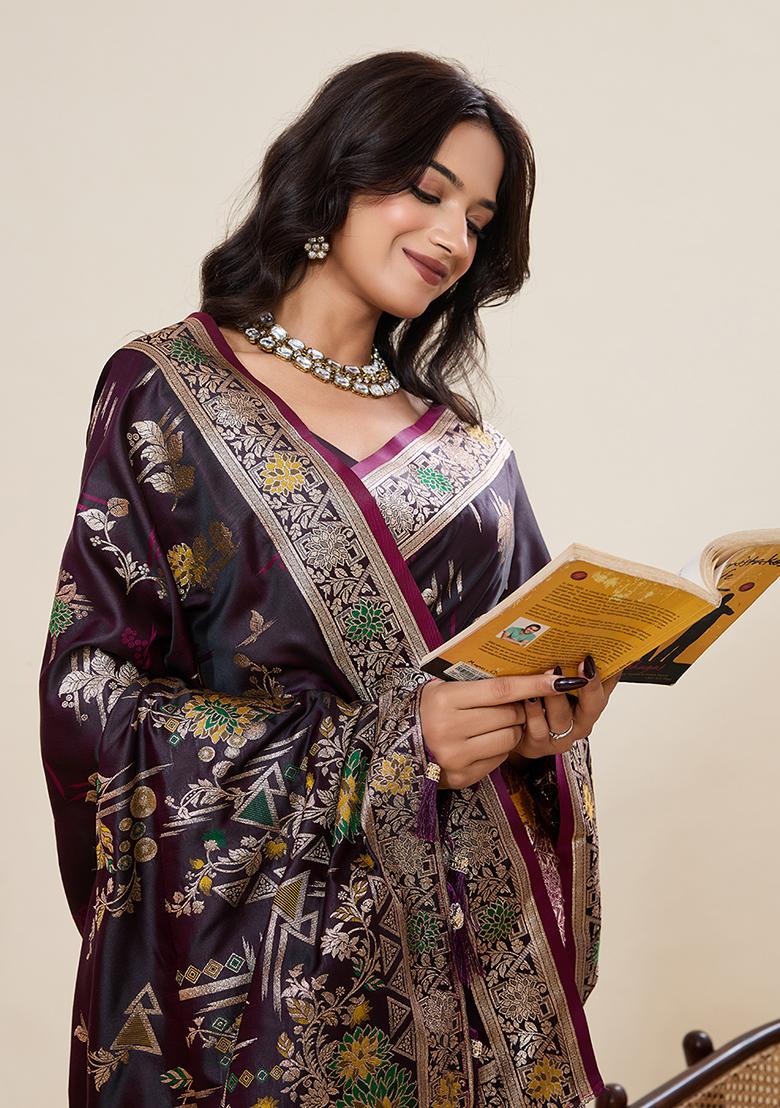 Purple Woven Art Silk Saree Set - Indya