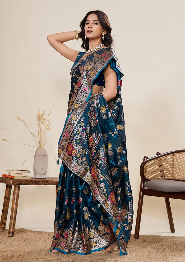 Teal Woven Art Silk Saree Set - Indya