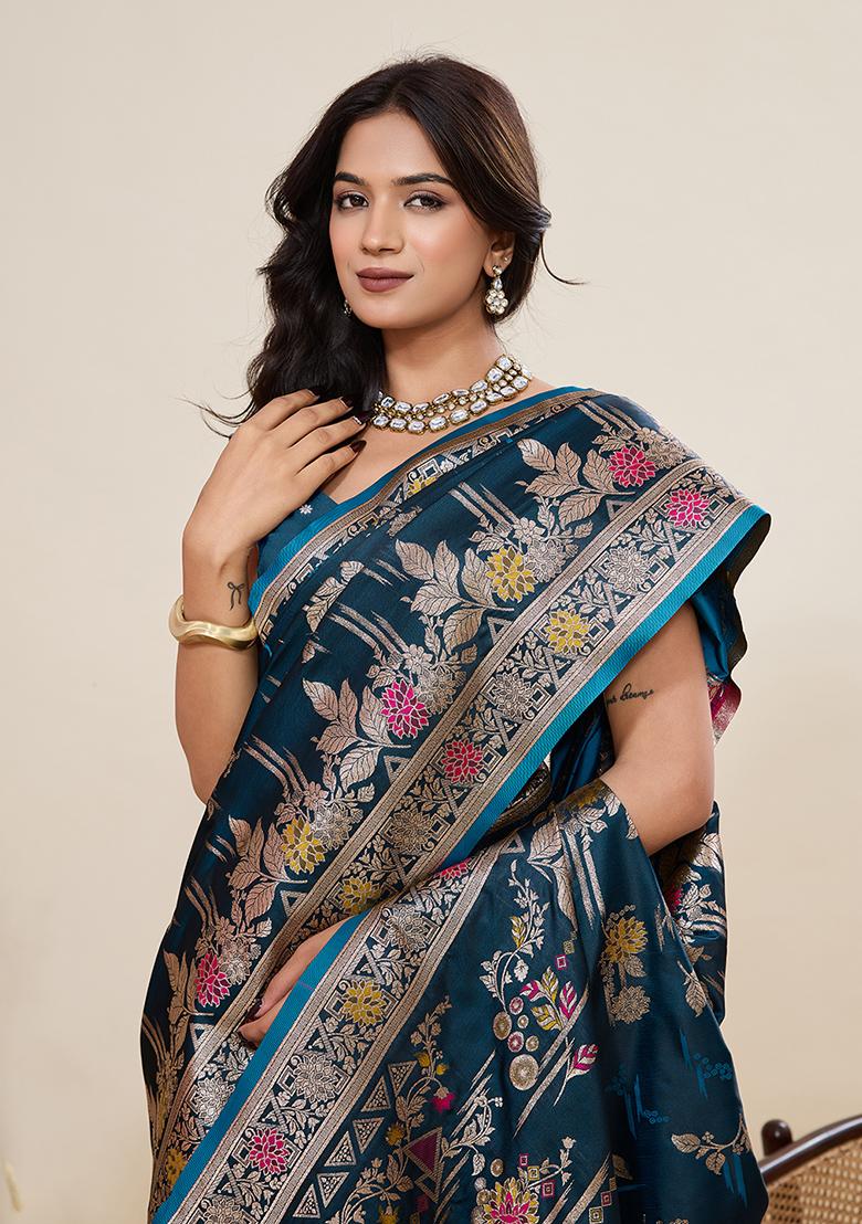 Teal Woven Art Silk Saree Set - Indya