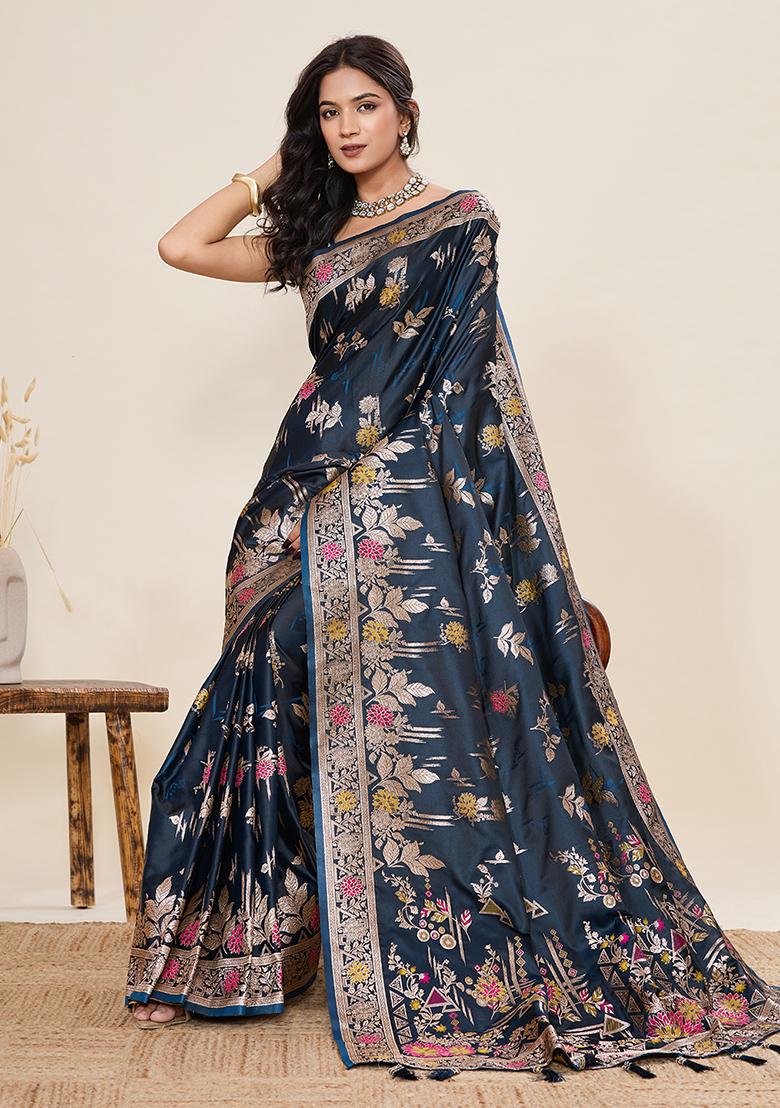 Blue Woven Art Silk Saree Set - Indya