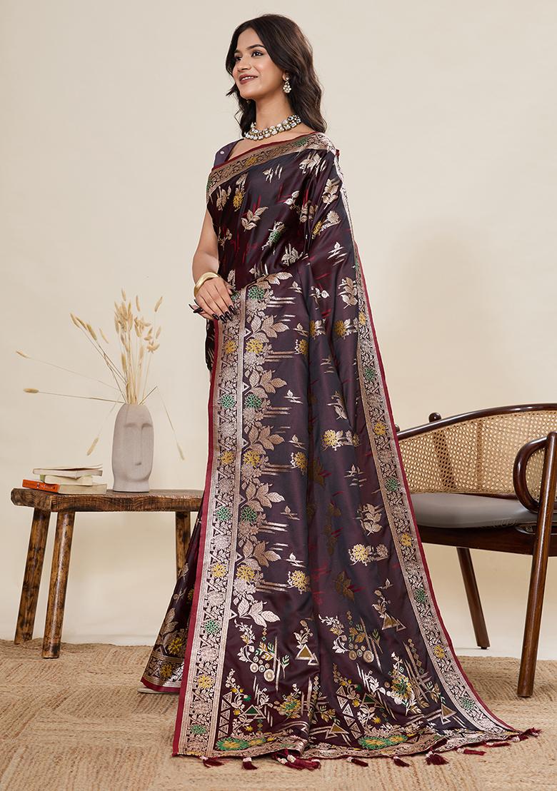 Wine Woven Art Silk Saree Set - Indya