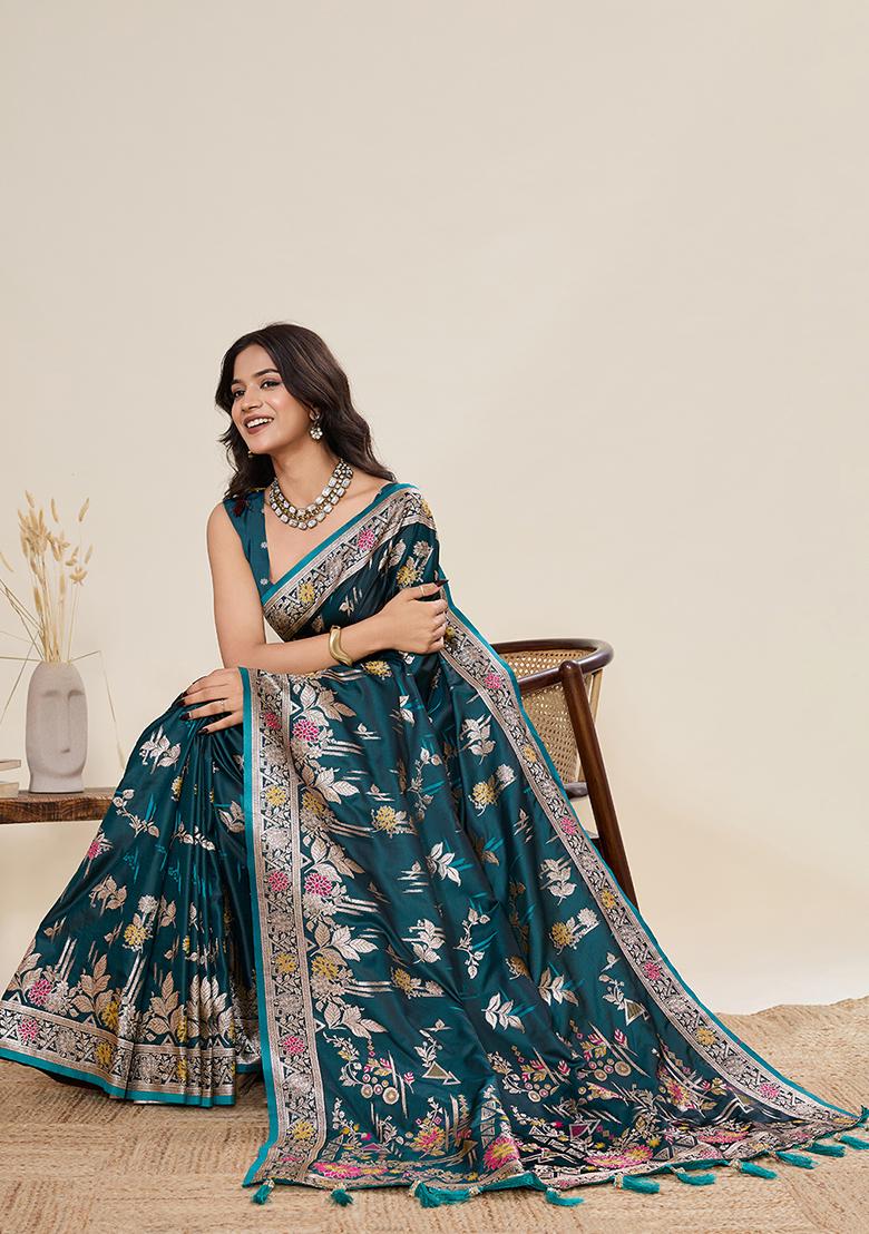 Green Woven Art Silk Saree Set - Indya