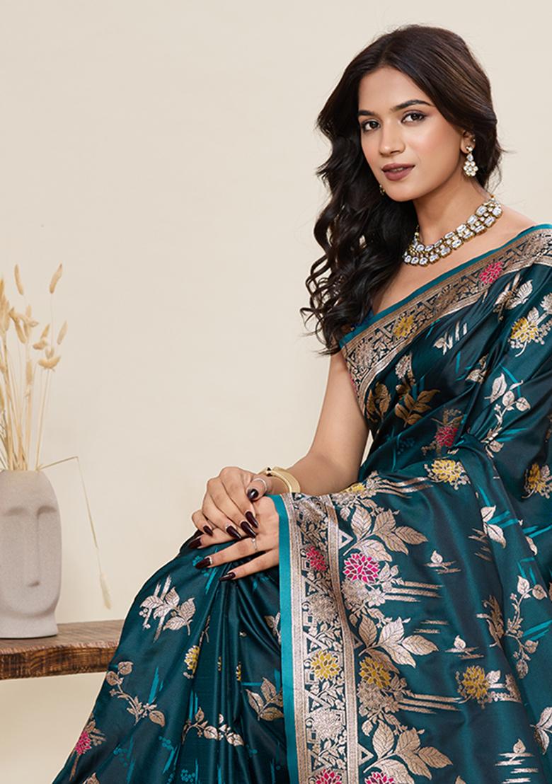 Green Woven Art Silk Saree Set - Indya