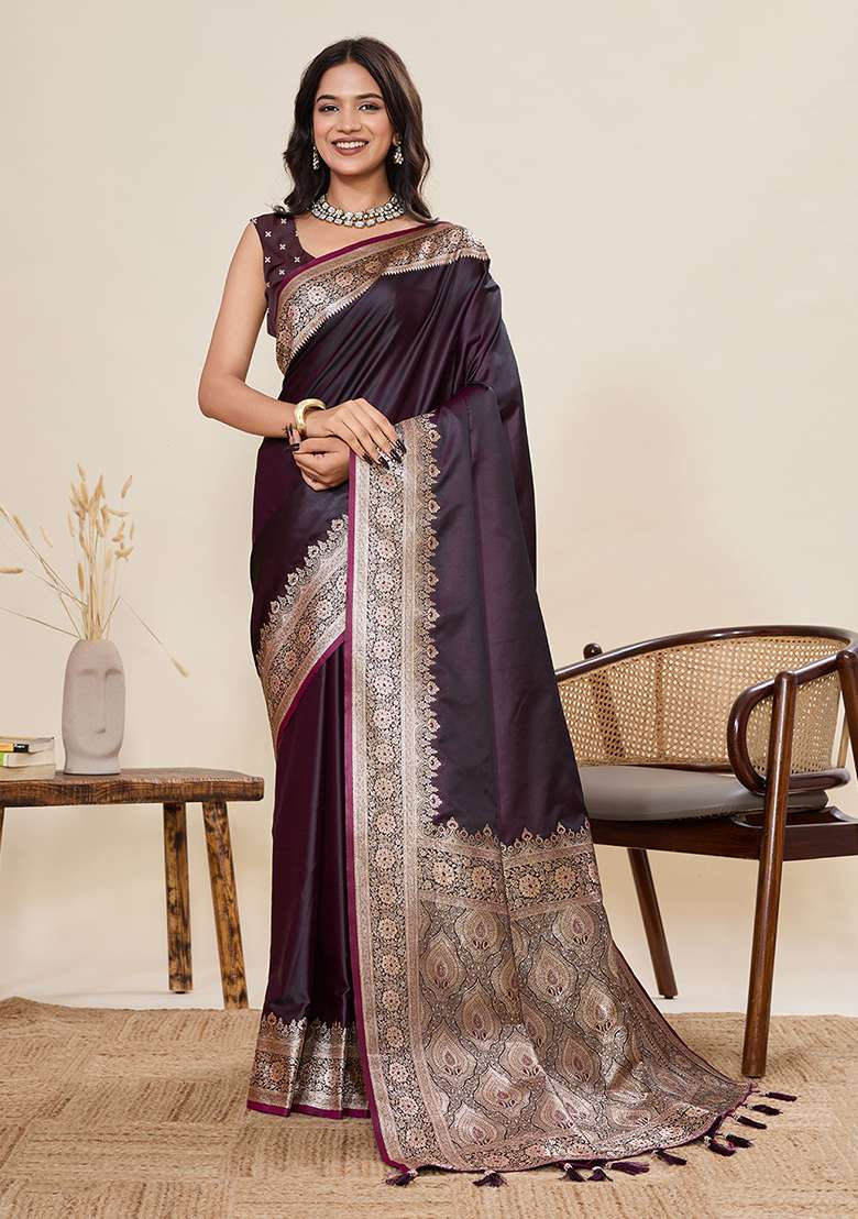 Wine Woven Silk Blend Saree Set for Diwali | Wedding & Festive Wear - Indya