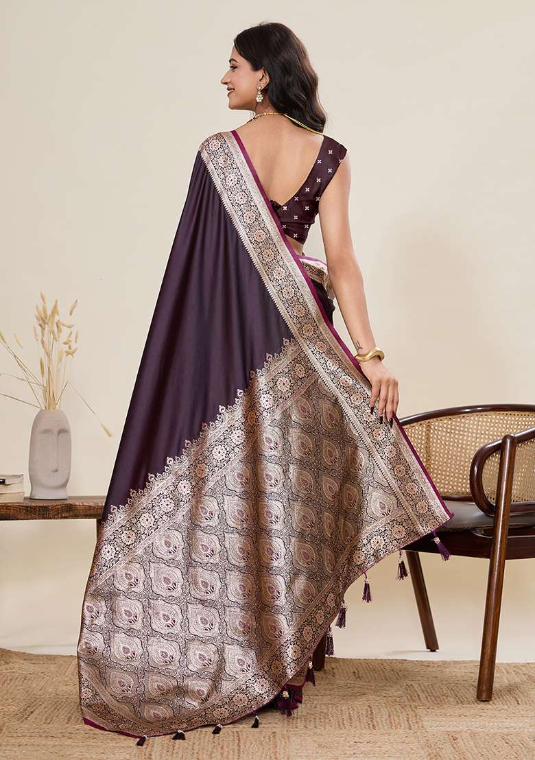 Wine Woven Silk Blend Saree Set for Diwali | Wedding & Festive Wear - Indya