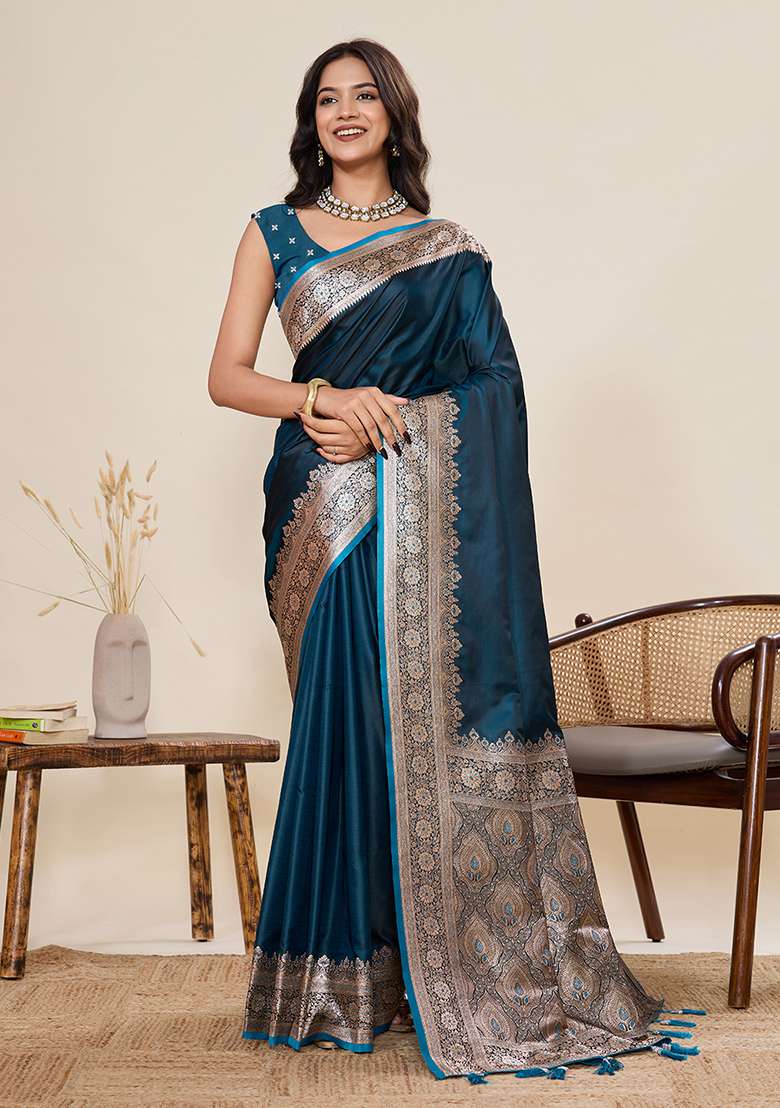 Teal Woven Silk Blend Saree Set for Diwali and Festive Wear - Indya