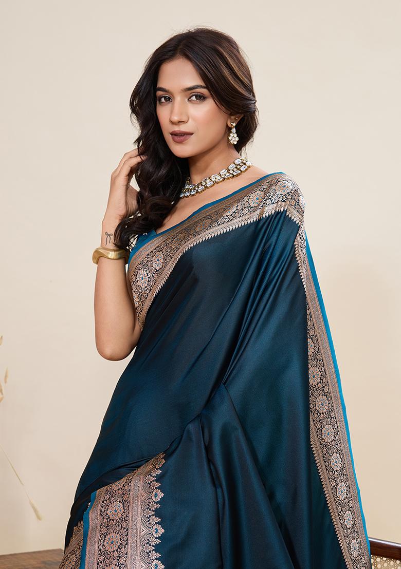 Teal Woven Silk Blend Saree Set - Indya