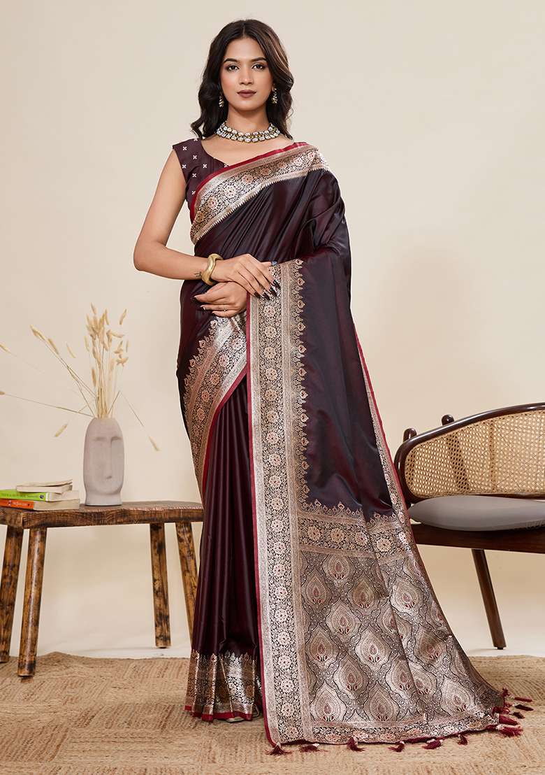 Brown Woven Silk Blend Saree Set for Diwali | Wedding & Festive Wear - Indya