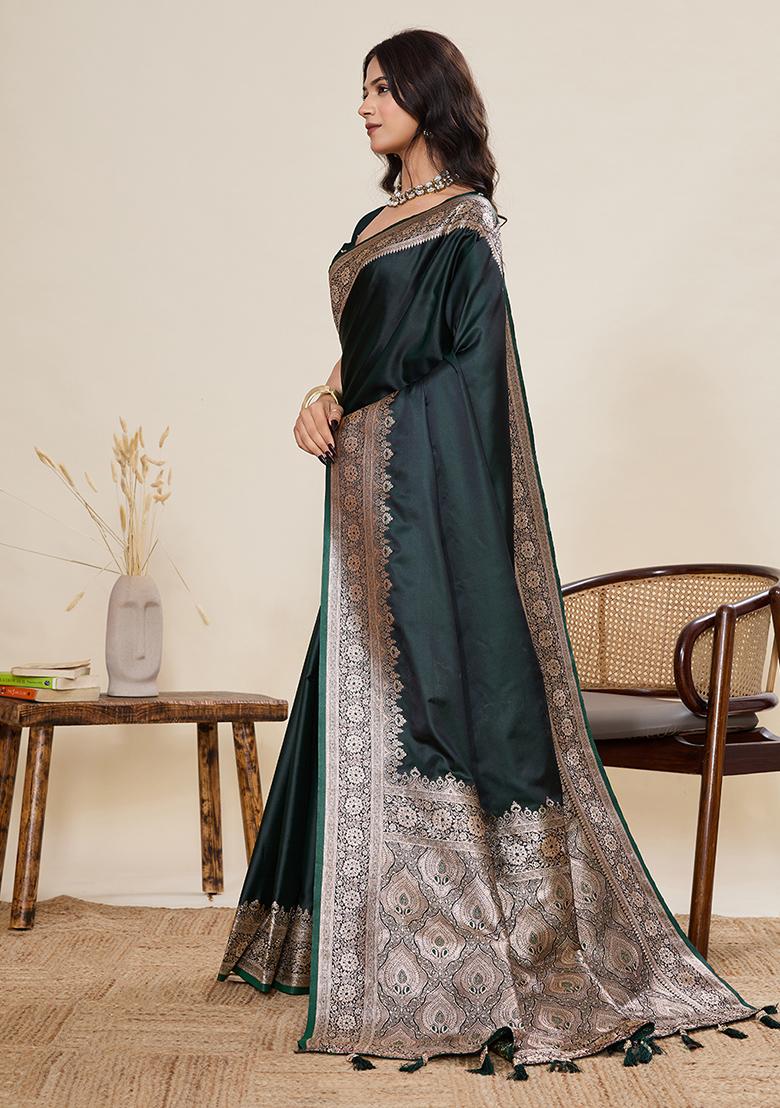 Green Woven Silk Blend Saree Set - Indya