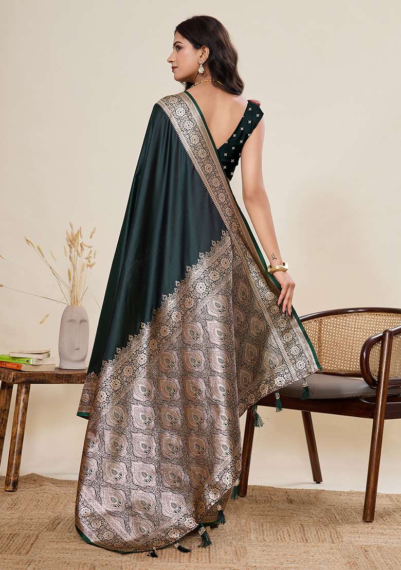 Green Woven Silk Blend Saree Set for Diwali and Festive Wear - Indya