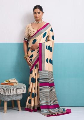 Teal Printed Silk Blend Saree Set