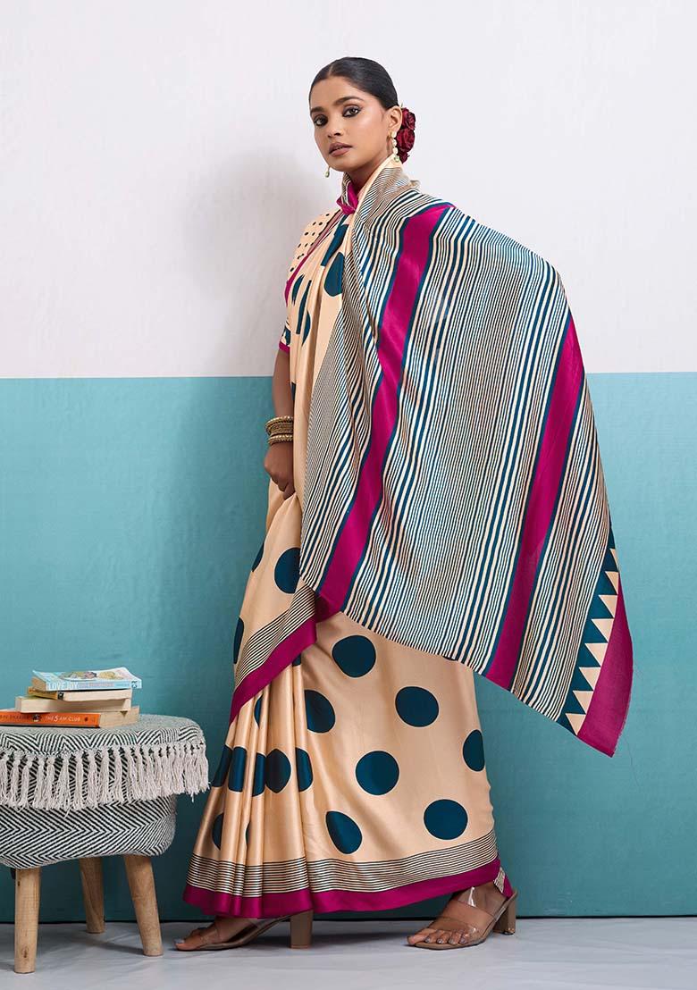 Teal Printed Silk Blend Saree Set - Indya