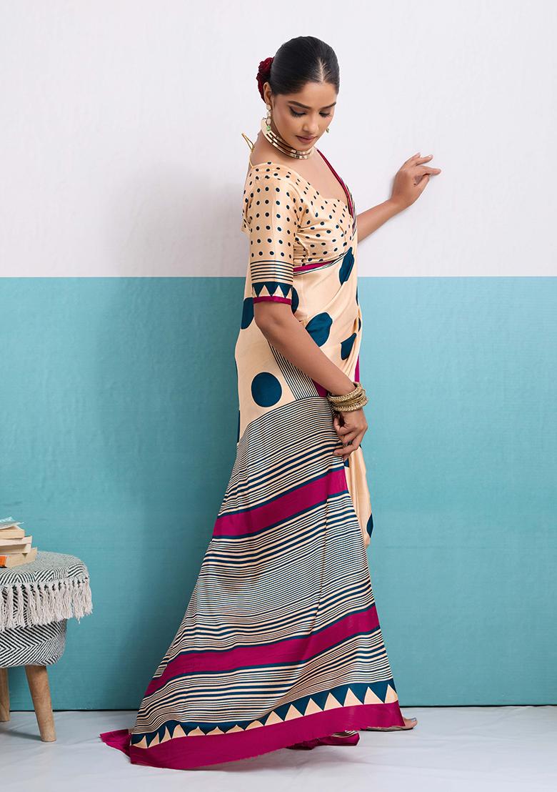 Teal Printed Silk Blend Saree Set - Indya