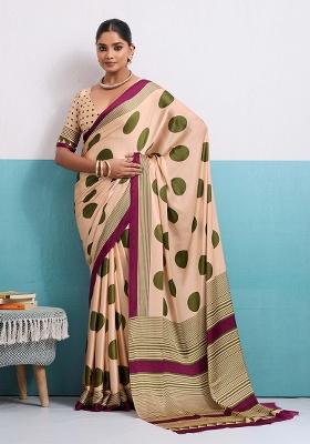 Olive Printed Silk Blend Saree Set