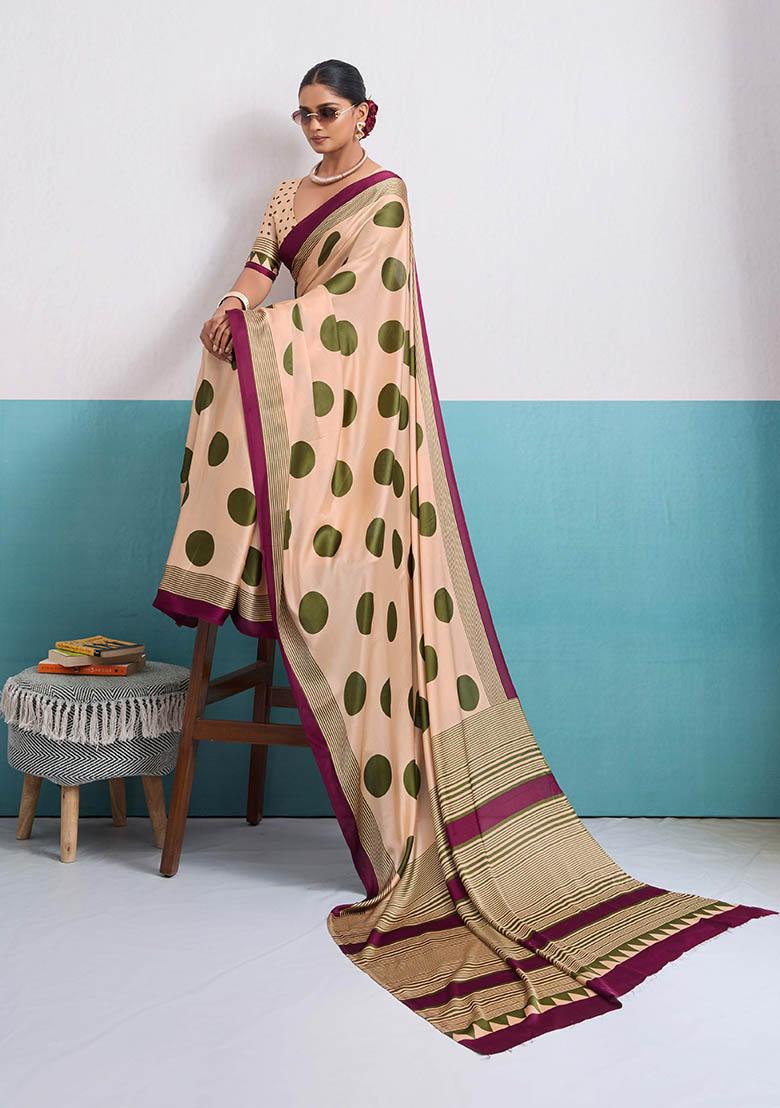 Olive Printed Silk Blend Saree Set - Indya