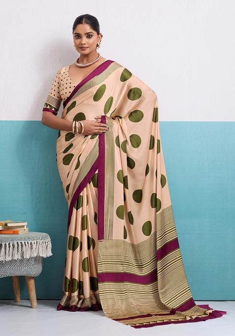 Olive Printed Silk Blend Saree Set