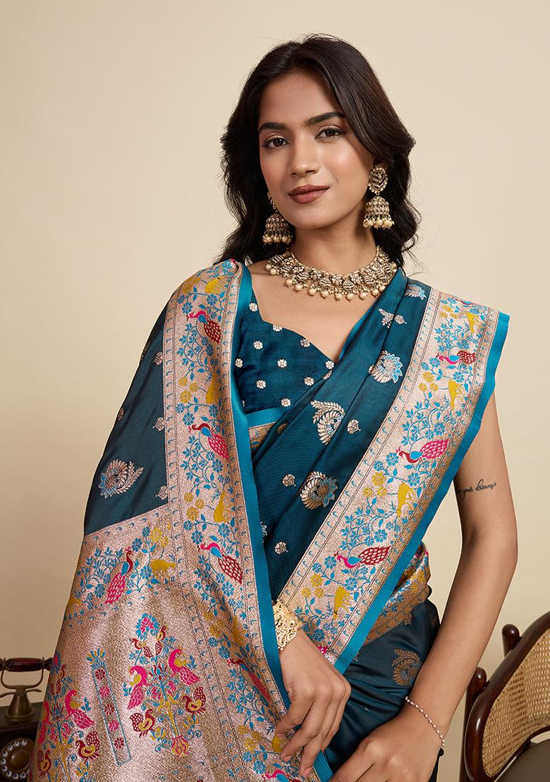 Teal Woven Silk Blend Saree Set - Indya