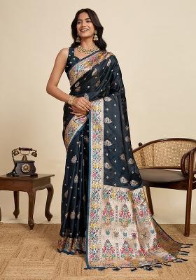 Black Woven Silk Blend Saree Set