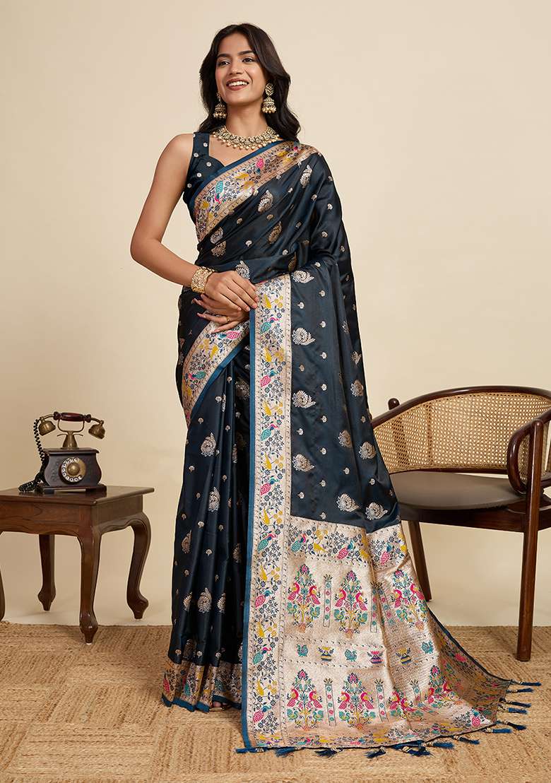 Black Woven Silk Blend Saree Set for Diwali | Wedding & Festive Wear - Indya