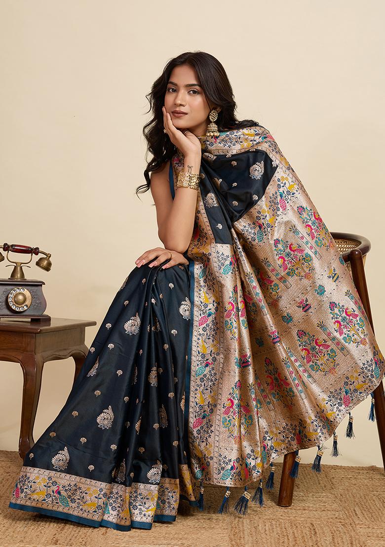 Black Woven Silk Blend Saree Set - Indya