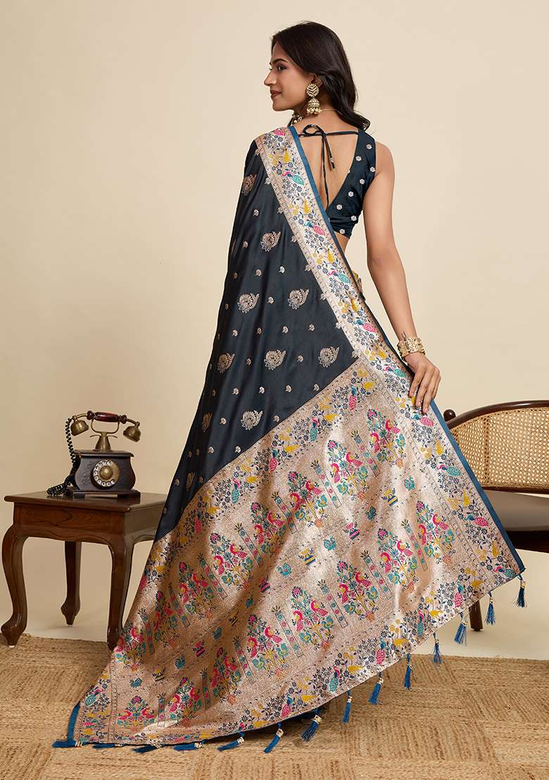 Black Woven Silk Blend Saree Set for Diwali | Wedding & Festive Wear - Indya