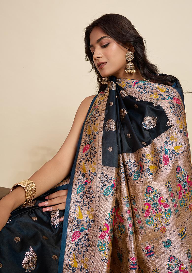 Black Woven Silk Blend Saree Set - Indya