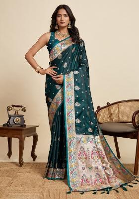 Green Woven Silk Blend Saree Set