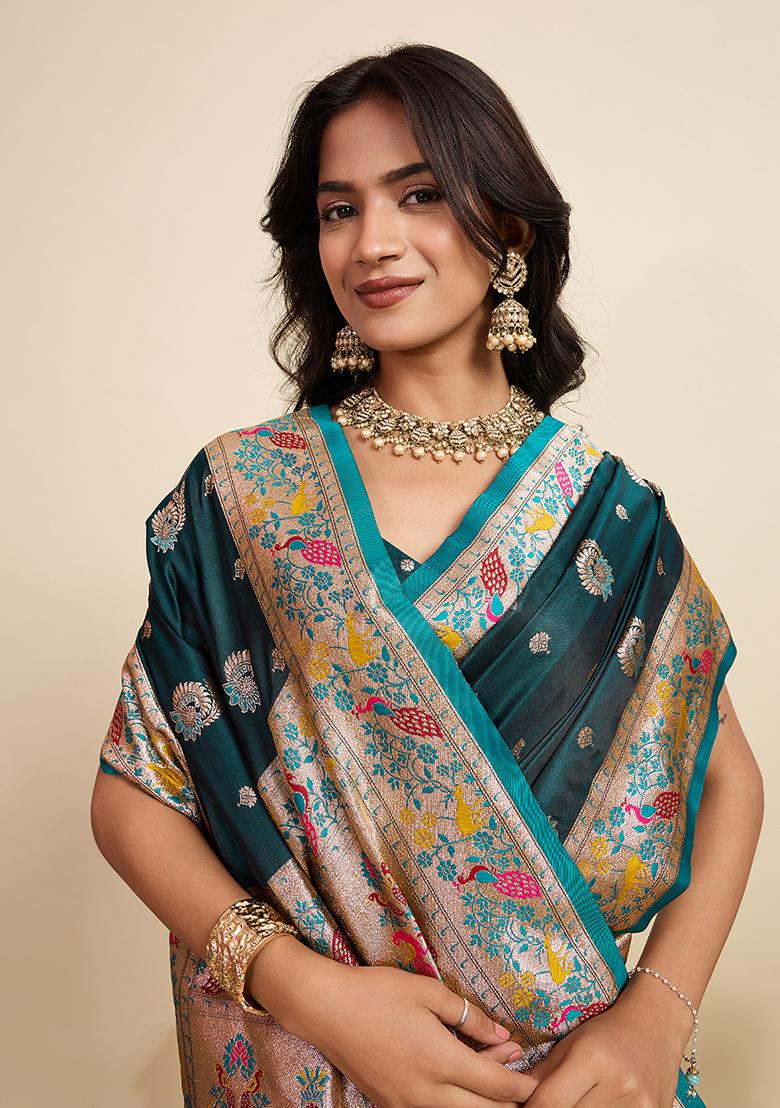 Green Woven Silk Blend Saree Set - Indya