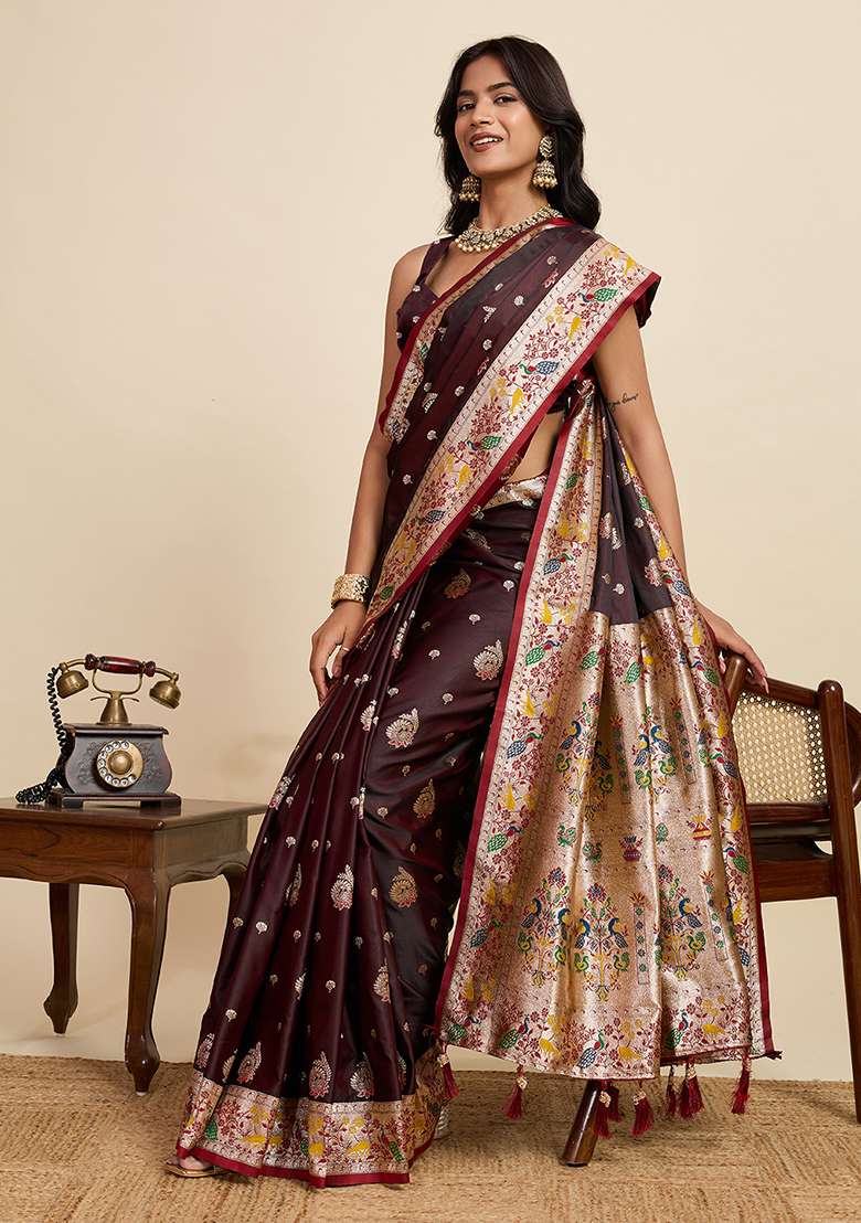Coffee Woven Silk Blend Saree Set for Diwali and Festive Wear - Indya