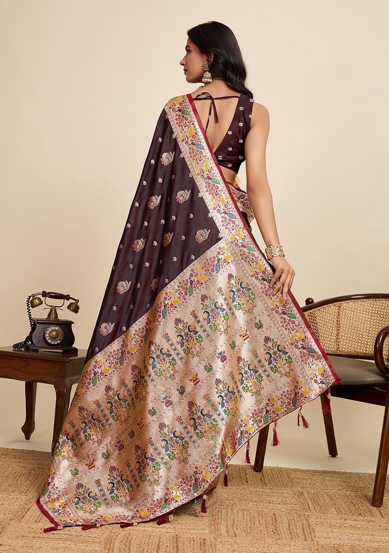 Coffee Woven Silk Blend Saree Set - Indya